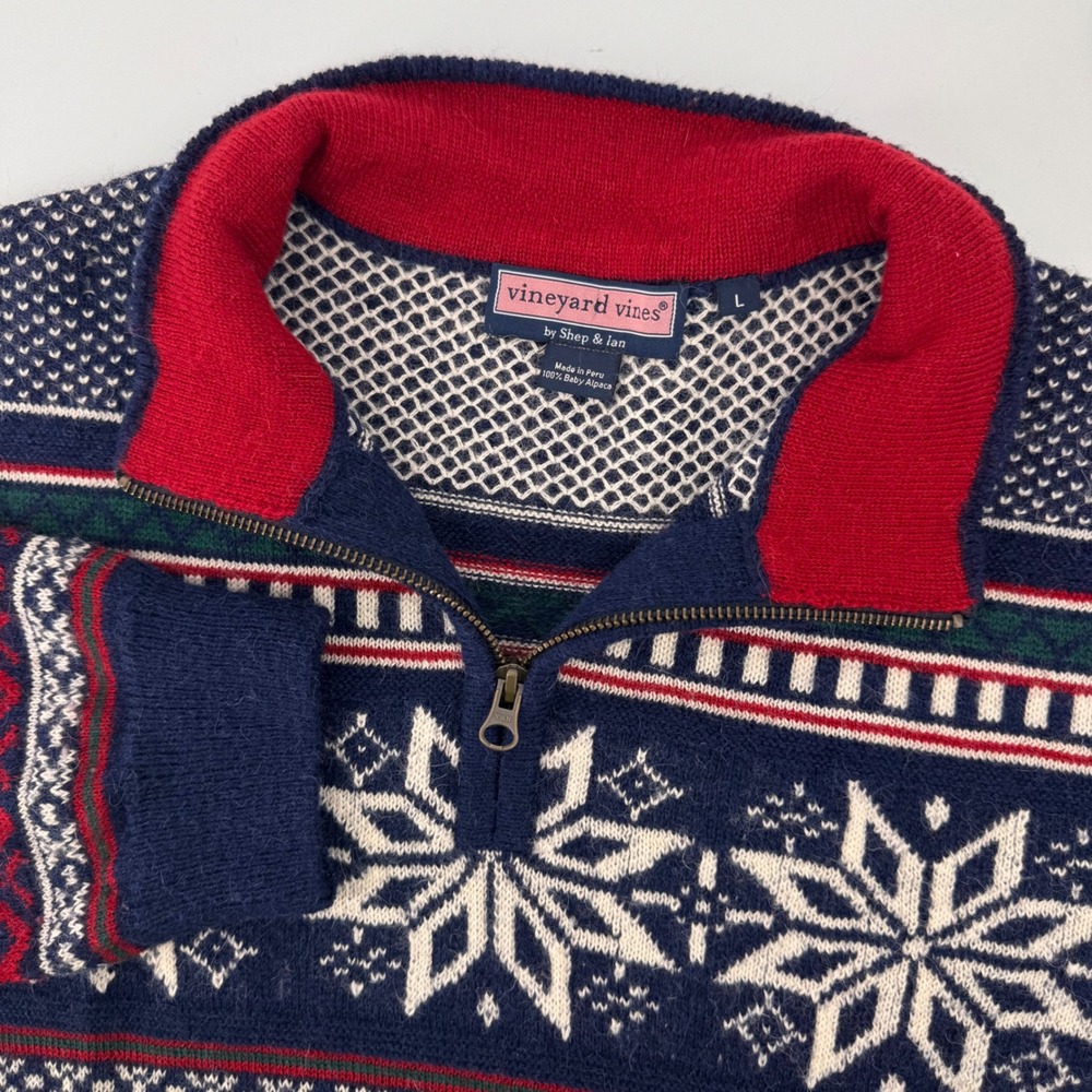 Vineyard Vines Sweater Mens Large Navy Blue Baby Alpaca Fair Isle Quarter Zip